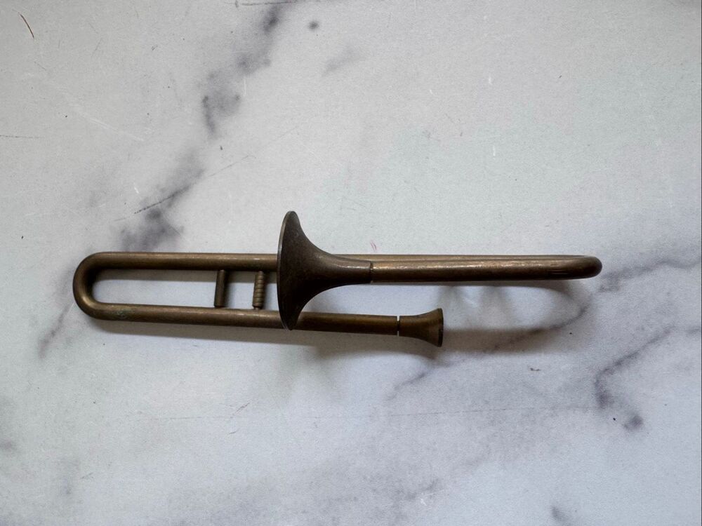 Vintage miniature 6.5” brass trombone dollhouse toy musical instrument mini